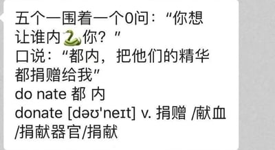 这是一张文字梗图，内容是一个利用谐音梗的笑话。五个数字“1”围着一个数字“0”提问：“你想让谁内🐍你？”，数字“0”回答：“都内，把他们的精华都捐赠给我”。图中特意用蛇 emoji 🐍放在“内”和“你”之间增加暗示性。下方还标注了“do nate 都内”以及“donate [dəʊ'neɪt] v. 捐赠 /献血 /捐献器官/捐献”的英文解释，明确了谐音双关的核心：“都内”发音近似英文“donate”（捐赠），同时“内”在中文里有“进入”的暗示含义，形成了一个带有性暗示的数学梗笑话。