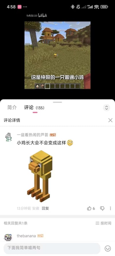图片展示了Bilibili视频的评论区互动场景。上方是Minecraft游戏画面，显示一只黄色小鸡，配文“这是快照的一只普通小鸡”。下方评论区中，用户“一盆看热闹的芦荟”提问“小鸡长大会不会变成这样”，并附上一张高瘦畸形的黄色像素生物图片，形成幽默对比。