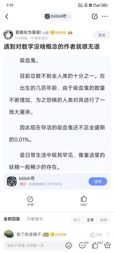 这张图片是bilibili吧的一个幽默帖子截图，吐槽某作者对数字没有概念，举例用吸血鬼数量介绍逻辑漏洞，引发网友爆笑。核心笑点在于作者声称吸血鬼在数百年前数量增多导致人类大屠杀，如今存活的吸血鬼却不到全盛期的0.01%，但又说吸血鬼极度罕见，和童话里的精灵一样稀有。整体表达了对作者数据逻辑混乱的无语和调侃心理。

图片中没有谐音梗或明显双关，但存在对数字和比例常识错误的二次创作吐槽。