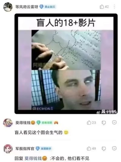 这是一张社交媒体截图形式的搞笑梗图，标题为"盲人的18+影片"，内容包含两张图片：上半部分是手触摸盲文的画面，下半部分是一个表情夸张的男性面部特写。图片下方有两条评论互动，"莫得钱钱"说"盲人看见这个图会生气的😄"，而"军舰指挥官"回复"不会的，他们看不见"，形成了一个基于视觉障碍的文字游戏笑话。