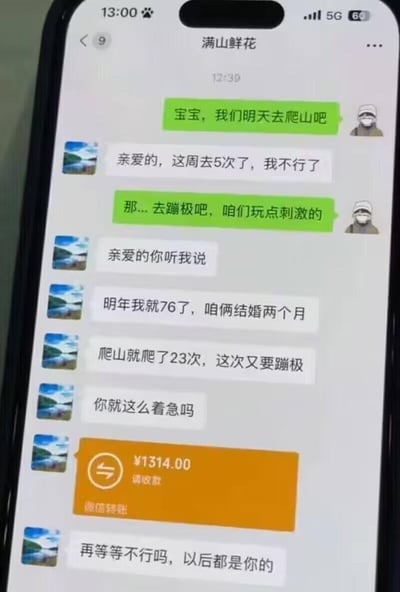 这是一张虚构的微信聊天记录截图，对话发生在结婚仅两个月的夫妻之间：一方频繁提议爬山、蹦极等冒险活动，另一方是明年就76岁的老人，抱怨结婚两个月已经爬了23次山，这周就爬了5次，误以为对方是急着让自己出事好继承财产，于是转账1314元安抚对方，称“以后都是你的”，请求对方“再等等”。整个对话用荒诞的反差制造搞笑效果，玩起了“傍大款急着继承遗产”的搞笑梗。