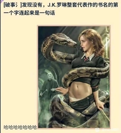 这是一张图文结合的网络恶搞内容，上方配文提出“J.K.罗琳整套代表作的书名的第一个字连起来是一句话”，下方的“哈哈哈哈哈哈哈”揭晓这个“句子”——《哈利·波特》系列七部作品的中文书名首字均为“哈”，连起来就是连续的“哈”组成的笑声，玩了谐音梗。图片部分是AI生成的低俗恶搞画面：《哈利·波特》系列中的角色赫敏·格兰杰被一条巨大的蟒蛇紧紧缠住，上衣被掀起露出腹部，面露惊讶神情；背景里的反派伏地魔手持魔杖，脸上带着诡异的笑容，该场景完全脱离原作的剧情与设定，是对原作角色的恶搞改编，配合文字的谐音梗，共同制造出荒诞、搞笑的效果。