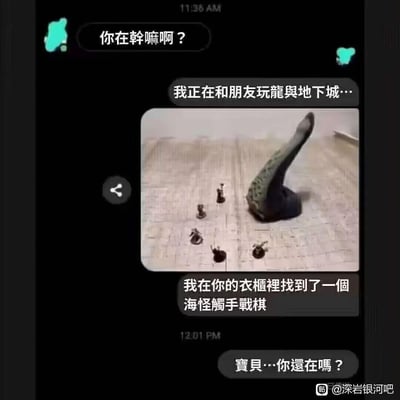 这是一段模拟的亲密对象间的聊天记录截图，对话流程如下：
1. 一方询问对方在做什么
2. 对方回复正在和朋友玩《龙与地下城》战棋，并发送了一张实拍图，图中是几个小人战棋和一个巨大的海怪触手战棋摆放在棋盘上
3. 询问方表示在对方衣柜里找到了这个海怪触手战棋
4. 玩游戏的一方立刻慌张询问对方是否还在

这个梗的核心笑点在于海怪触手战棋的外形容易让人产生不雅的联想，当事人因此瞬间陷入社死的尴尬情境，慌张的反应进一步放大了这份窘迫感。