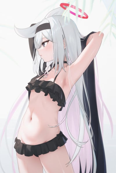 这是一张手游《蔚蓝档案》角色普拉娜的同人插画，画面中的普拉娜身着黑色荷叶边泳装，银白长发带有淡粉挑染，头顶标志性的红色光环与独特的角状发型十分醒目。她正抬手做出脱下外套的动作，脸颊带着淡淡的红晕，整体画风清新柔和，将角色羞涩又可爱的气质展现得淋漓尽致。