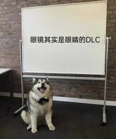 这是一张静态搞笑梗图，画面中一只戴着黑框眼镜、黑色领结的哈士奇呈坐姿坐在带支架的白板前，哈士奇张嘴吐舌，表情开心滑稽，仿佛在进行一场趣味分享。白板上用黑色字体写着“眼镜其实是眼睛的DLC”，借用游戏圈中DLC（可下载拓展内容）的概念，将眼镜拟人化为眼睛的额外拓展配件，用脑洞大开的方式调侃眼镜的作用，整体风格幽默有趣，充满创意。