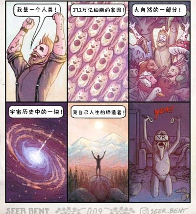 这是一幅6格连环漫画，通过不同场景展现人类的多重身份认知。第一格中，一名有纹身的胡须男性高举双拳呐喊“我是一个人类！”；第二格是大量带笑脸的细胞，配文“37.2万亿细胞的家园！”；第三格中男性被动物和植物环绕，文字为“大自然的一部分！”；第四格展示螺旋星系，标注“宇宙历史中的一块！”；第五格是山顶剪影人物高举双臂，写着“我自己人生的缔造者！”；第六格中，一名穿内裤戴VR眼镜的人兴奋欢呼“YEAH!!”。整体通过宏大到个体再到虚拟的视角转换，呈现对自我存在的多维度思考。