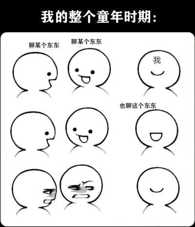 这是一幅描绘童年聊天场景的连环漫画，共有三行三列。第一行显示两个角色在聊天（聊某个东东），而右侧的"我"面带微笑；第二行显示同样的两个角色继续聊天，"我"也加入了聊天（也聊这个东东）；第三行显示两个角色开始争吵/打架，而"我"依然保持微笑。整幅漫画通过简单的线条和表情变化，幽默地展现了童年时期无论他人如何互动，自己始终保持快乐参与的状态。