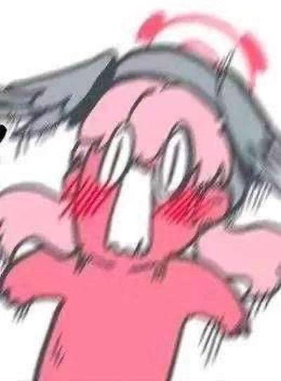 这是一张魔改的卡通表情包，主体是一个粉色的卡通角色，戴着小光环，脸颊布满红扑扑的红晕，眼睛瞪大，身体呈现出慌张的姿态，线条潦草夸张，传递出极度害羞、窘迫又有点慌乱的情绪，适合用来表达自己在面对社死场景、被调侃时的害羞抓狂心情。