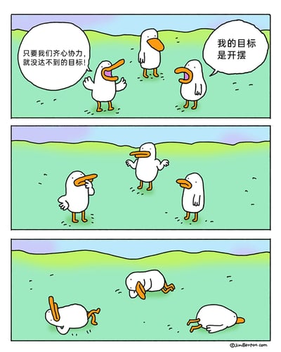这是一幅三格连环卡通漫画，场景设定在开阔的绿色草地，主角是三只造型简洁的白色卡通鸭子。第一格中，左侧鸭子张开翅膀、情绪激动地喊出励志口号“只要我们齐心协力，就没达不到的目标！”，右侧鸭子则一脸淡定地表示“我的目标是开摆”，中间鸭子平静地站在一旁；第二格中，中间鸭子张开双手露出明显的惊讶神情，左侧鸭子摸了摸自己的嘴，露出困惑不解的模样，右侧鸭子依旧保持淡定的姿态站立；第三格中，三只鸭子全部趴在草地上，用实际行动完成了“齐心协力开摆”的行为，以前后的反差感制造出强烈的搞笑效果，精准调侃了当下流行的“开摆”文化，将励志口号与摸鱼心态的冲突转化为荒诞的笑点。