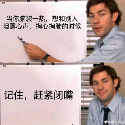 这是一张使用《The Office》经典白板梗的二次创作表情包。上半部分写着“当你脑袋一热，想和别人坦露心声、掏心掏肺的时候”，下半部分则打出醒目的“记住，赶紧闭嘴”。画面幽默吐槽了在情感冲动时泄露心声后常常后悔的情景，提醒大家要克制冲动、不要随便倾诉。整体风格非常贴近网络日常吐槽风，适合社交平台用来调侃自己或提醒朋友不要说太多。没有双关或谐音梗，但有劝诫意味的反转幽默。
