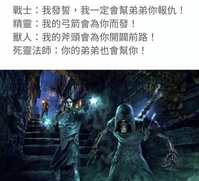 图片上半部分为四段对白文字，分别是战士发誓帮弟弟报仇、精灵愿用弓箭相助、兽人承诺用斧头开辟前路，而死灵法师则以黑色幽默的方式表示“你的弟弟也会帮你”，暗示将复活弟弟作为亡灵助力。下半部分是一张暗色调的奇幻场景图，画面中有两位主要角色：左侧是身着盔甲、手持蓝色魔法光球的人物，右侧是头戴兜帽、露出骷髅面容、手持扭曲法杖的死灵法师，背景为布满藤蔓的石制通道，远处有举着火把的人影，整体营造出阴森神秘的氛围，与文字内容的黑色幽默形成呼应。