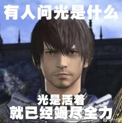 这是一张《最终幻想14》玩家自制的梗图，图中是游戏里的人类男性光之战士，他表情严肃直视镜头。图上方配文‘有人问光是什么’，下方配文‘光是活着就已经竭尽全力’，玩了双关梗：既对应角色‘光之战士’的‘光’，又用‘光是（仅仅）活着’的语义，表达出生活疲惫、活着就已经用尽全部力气的无奈情绪，非常适合用来吐槽生活压力大的状态。
双关说明：这里的‘光’同时指代‘光之战士’的身份和‘仅仅、只是’的副词语义，形成反差感的笑点。