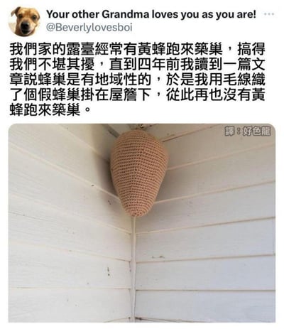 一位网友分享了实用的家居防虫小妙招：家中露台曾频繁被黄蜂筑巢骚扰，四年前得知蜂巢具有地域性后，便用毛线手工编织了一个假蜂巢挂在屋檐下，从此成功阻止了黄蜂前来筑巢。图中展示了这个造型逼真的编织假蜂巢，它被悬挂在白色房屋的屋檐角落处。该内容无谐音梗、双关或暗示类内容。
