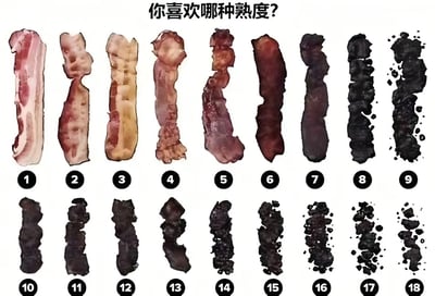这张图为拼接的静态单图，顶部配有文字“你喜欢哪种熟度？”，下方按编号1到18依次排列了不同煎制程度的培根：1号是几乎未加热的生培根，带有明显的粉色生肉肌理和脂肪层，随着编号增加，培根的颜色逐渐加深、水分不断减少、质地越来越焦干，到18号时已经完全变成焦黑的碎渣状态。搭配配文“18号好像没熟吧”形成反差调侃的笑点，用反讽的手法吐槽18号培根已经烤焦到极致，反而说没熟，趣味十足。