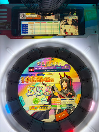 这是一张音游《舞萌DX》街机的实拍截图，画面分为上下两部分，上方副屏显示玩家ID为CLDEOP☆，同时展示了当前游玩的第二首曲目各类操作的判定详情；下方圆形主屏是该首难度为13级的MASTER难度曲目通关结算页，显示达成率为100.4942%，获得最高等级的SSS评价，同时拿到全连击、同步游玩的成就，DX评分14489，界面还附带各项判定的明细数据和二次元风格的游戏女性角色立绘，右下角设有下一步操作按钮。