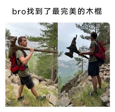 这是一张左右拼接的户外徒步场景静态图，图中是同一位背着红色背包、穿着户外装束的男子。左侧图中，男子正面朝向侧方，将一根枯树枝扛在肩头，此时树枝看起来只是普通的徒步随手捡的木棍；右侧图切换到男子的背面视角，这根树枝的另一端造型神似一把酷炫的战斧，和左侧的普通视角形成强烈反差，配文“bro找到了最完美的木棍”，利用视觉错觉制造出搞笑趣味的效果，让普通的枯树枝仿佛变成了奇幻作品里的武器。