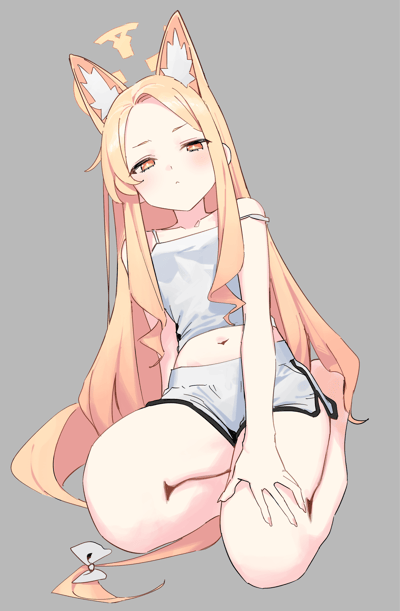 一张动漫风格的插画，描绘了一位有着狐耳和狐尾的金发少女。她有着琥珀色的眼睛，表情平静，正以蹲坐的姿势坐在地上，双手轻轻放在膝盖上。少女穿着浅蓝色的运动背心和配套短裤，露出纤细的腰部和修长的双腿。她的长发自然垂落，尾巴在身后展开，整体造型呈现出可爱又略带性感的气质。背景为纯灰色，突出显示人物主体。