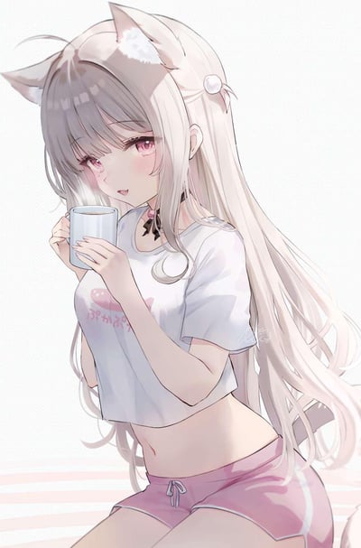 图中是一位动漫风格的猫耳少女，她有着银白色的长发，头上戴着粉色的发饰，眼睛是粉红色的，正温柔地注视着手中的白色杯子。她穿着一件白色的短款T恤，上面有粉色的图案和文字，搭配粉色的短裤，露出纤细的腰部。整体画面风格清新可爱，背景为纯白色，突出少女的形象。