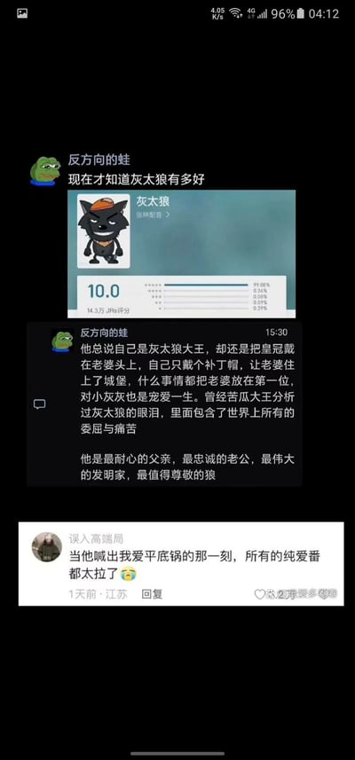 这是一张竖屏的社交媒体截图，内容分为两部分：上方是用户“反方向的蛙”发布的动态，配有虎扑平台上《喜羊羊与灰太狼》角色灰太狼的评分截图，该截图显示灰太狼获得14.3万JRs的10.0满分评分，配音为张琳；动态文字内容夸赞灰太狼是最耐心的父亲、最忠诚的老公、最伟大的发明家，详细描述了他对妻子红太狼、儿子小灰灰的付出，提及苦瓜大王对灰太狼眼泪的分析。下方是用户“误入高端局”的评论，称灰太狼喊出“我爱平底锅”时，所有纯爱番都相形见绌。整体内容体现了网友长大后重新审视动画角色，发现灰太狼身上顾家、忠诚的优点，引发共鸣。