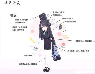 这是一张《斗破苍穹》主角萧炎的动漫风格插画，画面中央为萧炎的全身形象，周围配有多个文字标注，详细描述其外貌特征，包括“黑色的长发披散在脑后/肩上”“清瘦白皙的脸颊”“看似温和的眸子”“宽大的袖袍”等。背景有淡粉色和黄色的花瓣点缀，整体采用图文混排的方式，直观展示角色的 physical traits。