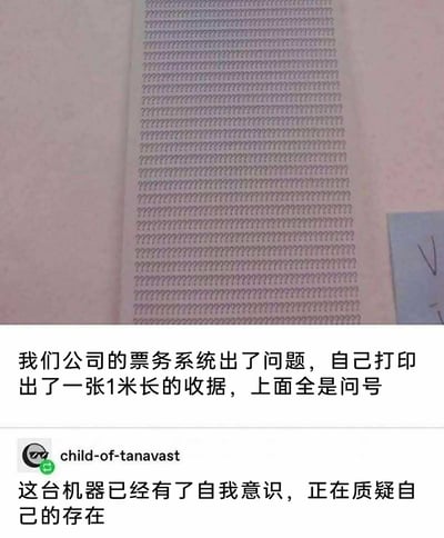 这是一张社交媒体截图，画面上方是一张因公司票务系统故障打印出的1米长收据，整页布满了问号；下方是原分享者的配文，说明这是票务系统出问题导致的异常打印结果；另有一条来自用户child-of-tanavast的评论，用幽默的口吻调侃这台机器产生了自我意识、正在质疑存在，以趣味化的方式吐槽系统故障的离谱状况。
