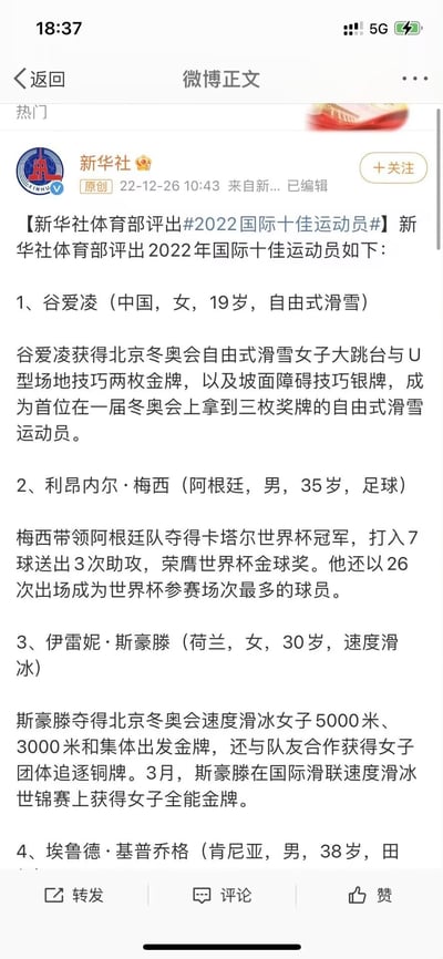 这是新华社官方微博发布的2022国际十佳运动员评选结果截图，展示了榜单前四位运动员中的前三位完整介绍和第四位的开头。其中谷爱凌以北京冬奥会2金1银的成绩入选，梅西则因带领阿根廷队夺得卡塔尔世界杯冠军入选，伊雷妮·斯豪滕凭借北京冬奥会3金1铜及世锦赛全能金牌上榜，该名单用于表彰2022年在国际体坛取得卓越成就的运动员。