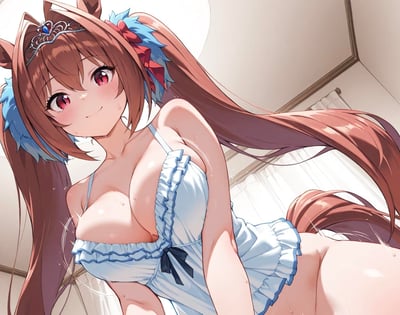 这是一张AI生成的二次元同人插画，描绘了手游《赛马娘 Pretty Derby》中的角色大和赤骥。她身着带有荷叶边的浅蓝色吊带睡裙，身上附着水珠，脸颊泛红还带着汗珠，以羞涩温柔的微笑俯身看向镜头，采用仰拍视角，背景是简约的室内居家环境，整体氛围柔和又充满少女感。