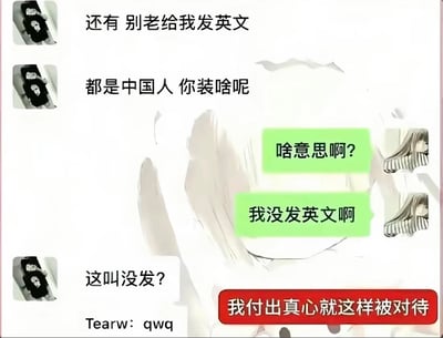 这是一张搞笑聊天记录截图，呈现了一场因认知差异产生的乌龙对话：左侧聊天用户先指责对方总发英文，称都是中国人没必要装，右侧用户十分疑惑，否认自己发过英文，随后左侧用户贴出对方此前发送的卖萌颜文字“qwq”作为证据，显然将颜文字误认成了英文，右侧用户见状无奈发出“我付出真心就这样被对待”的感慨，整体笑点在于不懂网络颜文字的人把卖萌的表情符号当成英文产生的误会。
