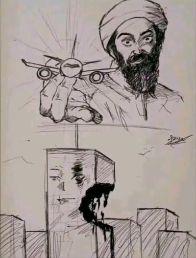 这是一幅黑白手绘线稿图，采用上下分栏的视觉错位构图：上半部分是本·拉登的形象，他的手指上套着玩具飞机模型，做出操控飞机的动作，面部露出惊讶的神情；下半部分是纽约世贸中心大楼的形象，大楼被画成带有受伤的人脸，还有模拟撞击后冒烟的痕迹，对应911事件中飞机撞向世贸大楼的事件，用玩具飞机和大楼的错位设计，形成对该事件的隐喻性讽刺表现，无谐音或双关梗。