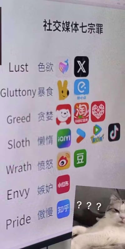 一张将社交媒体平台与七宗罪概念结合的创意图片，左侧为英文七宗罪名称与中文翻译，右侧对应不同社交平台图标。最底部右下角有一只表情困惑的猫，上方配有三个问号，形成幽默对比。

具体对应关系：
- 色欲(Lust)：配有交友类平台图标
- 暴食(Gluttony)：配有外卖平台图标
- 贪婪(Greed)：配有购物平台图标
- 懒惰(Sloth)：配有视频娱乐平台图标
- 愤怒(Wrath)：配有社交论坛平台图标
- 嫉妒(Envy)：配有内容分享平台图标
- 傲慢(Pride)：配有知识问答平台图标