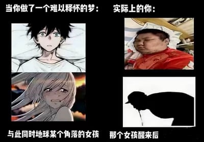 这张梗图通过四格对比的形式展现了梦境与现实的反差。左上角标题“当你做了一个难以释怀的梦：”下方是一位动漫男性角色，他躺在床上，眼神空洞，表情带着迷茫与不安，似乎沉浸在梦境的情绪中；右上角“实际上的你：”则是一位现实中的男性，穿着红色上衣，头发凌乱，趴在床上睡得很沉，表情略显疲惫。左下角“与此同时地球某个角落的女孩”是一位动漫女性角色，背景是夕阳，她长发飘动，眼眶微红，表情悲伤，仿佛也经历了相似的梦境；右下角“那个女孩醒来后”是一个黑色剪影，人物弯腰驼背，嘴角似乎有口水滴落，姿态狼狈，与动漫中的唯美形象形成强烈对比。整体通过动漫的唯美/情绪化场景与现实的狼狈/普通状态对比，制造幽默效果。
