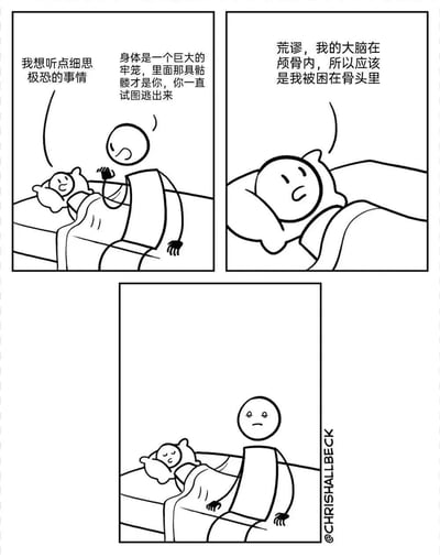 这是一幅三格黑白漫画，描绘了两个人关于身体与意识关系的哲学对话。第一格中，一个人坐在床边对床上的人说：'我想听点细思极恐的事情'。第二格中，床上的人回应道：'身体是一个巨大的牢笼，里面那具骷髅才是你，你一直试图逃出来'。第三格中，床上的人继续思考说：'荒谬，我的大脑在颅骨内，所以应该是我被困在骨头里'，而另一个人则露出震惊的表情。