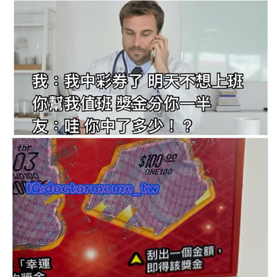 图片分为上下两部分。上半部分是一位穿着白大褂的男性（疑似医生）正在打电话，配文为“我：我中彩券了 明天不想上班 你帮我值班 奖金分你一半”和“友：哇 你中了多少！？”。下半部分是一张红色的刮刮乐彩票特写，刮开区域显示奖金金额为100美元，并有“刮出一個金額，即得該獎金”的文字说明。图片通过中彩票后想偷懒不上班，却只中了100美元还想分一半奖金让朋友代班的反差，制造出幽默搞笑的效果。