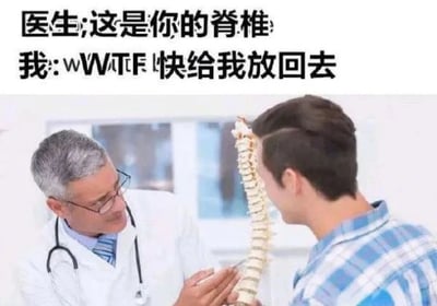 图片中一位戴眼镜、穿白大褂的医生正手持一个脊椎模型，面向一位穿蓝白格子衬衫的年轻男性患者。图片上方配有两行文字，分别是“医生;这是你的脊椎”和“我: WTF 快给我放回去”。通过文字与场景的结合，制造出一种幽默的误解效果，仿佛患者误以为医生真的把自己的脊椎取了出来并拿在手上展示，从而产生夸张的反应。