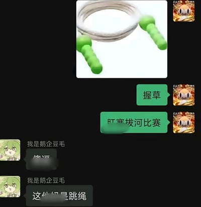 这是一张即时通讯软件的聊天记录截图，昵称为“王从天降，愤怒狰狞”的用户首先发出一张实物图，图中是一根手柄为亮绿色、绳体为银色透明的跳绳，随后该用户连续发送两条消息，第一条是表达惊讶的“握草”，第二条是误将跳绳认成特殊情趣用品，调侃称这是“肛塞拔河比赛”；之后昵称为“我是鹅企豆毛”、头像为绿色头发二次元角色的用户先是发送了一句带打码的吐槽，最后点明这个物品实际上是跳绳，整个对话因非常离谱的物品认知错位充满喜剧效果。