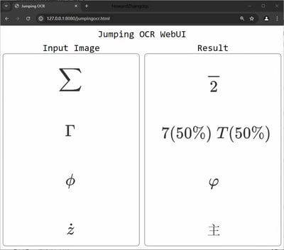 这是Jumping OCR工具的WebUI测试页面，页面以左右分栏的形式展示特殊符号的OCR识别效果：
- 左侧「Input Image」栏为输入的测试符号：求和符号∑、伽马符号Γ、希腊字母φ、带点的字母ż
- 右侧「Result」栏为对应的识别结果：
  1. 求和符号∑被识别为带上划线的2（$¯{2}$）
  2. 伽马符号Γ被识别为两个候选结果7和T，置信度均为50%
  3. 希腊字母φ识别正确，结果为φ
  4. 带点的字母ż被识别为中文「主」
从结果可见，该OCR工具对部分特殊数学符号的识别存在明显错误，识别准确率有待提升。