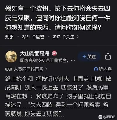 这是一张知乎问答的截图，问题为“假如有一个按钮，按下去你将会失去四肢与双眼，但同时你也能知晓任何一件你想知道的东西，请问你如何选择？”，下方显示有2121个回答和3217个关注。用户“大山背面是海”的回答充满黑色幽默，提出“路上挖个洞把按钮放进去，上面盖树叶做成陷阱，别人一踩上去四肢没了，然后心里肯定在想：我这是咋了，脑子里就出现题目描述了‘失去四肢 得到一个问题答案 答案就是 你失去了四肢’”，以巧妙的逻辑反转制造笑点。