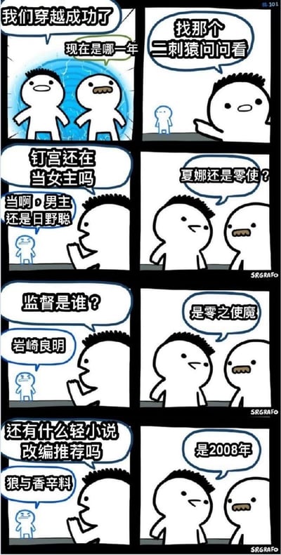 两个卡通角色成功穿越后，为确认当前年份，决定向“二刺猿”（动漫爱好者）打听。通过询问“钉宫理惠是否还在当女主”“夏娜还是零之使魔吗”“监督是谁”“有什么轻小说改编推荐”等问题，最终从回答中得知现在是2008年。对话中提及《零之使魔》《灼眼的夏娜》《狼与香辛料》等2008年前后热门动漫及相关元素（如声优钉宫理惠、男主日野聪、监督岩崎良明），以幽默方式展现动漫迷对特定年代作品的怀旧情怀。