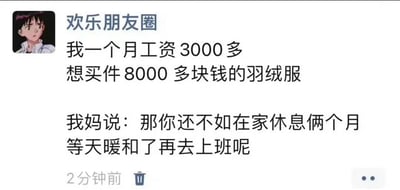 这是一张微信朋友圈发布内容的截图，发布者昵称为“欢乐朋友圈”，使用动漫角色碇真嗣作为头像。内容为发布者称自己月工资仅有三千多元，却想要购买一件价格八千多的羽绒服，其母亲调侃称不如在家休息两个月，等天气暖和了再去上班，潜台词是两个月工资总和刚好够买这件羽绒服，与其花两个月工资买衣服，不如省下钱不用上班也不用买羽绒服，内容幽默诙谐，以轻松的方式调侃了普通工薪阶层收入与消费需求不匹配的现实处境，充满生活趣味。