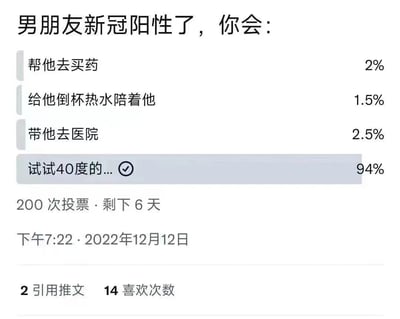 这是一张社交媒体投票截图，标题为“男朋友新冠阳性了，你会：”，下方列出四个选项及对应百分比：帮他去买药(2%)、给她倒杯热水陪着他(1.5%)、带他去医院(2.5%)、试试40度的...(94%，已勾选)。底部显示“200 次投票 · 剩下 6 天”及发布时间“下午7:22 · 2022年12月12日”，互动数据为“2 引用推文 14 喜欢次数”。

图片使用了双关和暗示手法，第四个选项“试试40度的...”故意省略后半句，结合新冠阳性可能出现的发热症状(40度高烧)，形成带有性暗示的幽默效果，这也是该选项获得94%高票的主要原因。