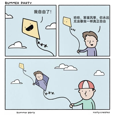 这是一幅三格的讽刺连环漫画。第一格中，黄色风筝挣脱了手中的风筝线，满脸开心地喊出“我自由了！”；第二格中，紫衣男子握着风筝线的另一端，满脸得意地嘲笑风筝，声称自己才是真正自由的；第三格剧情反转，原来紫衣男子本身是一个被绿衣戴帽男子用线牵着的“人形风筝”，他自以为的自由其实只是错觉，自己同样处于被束缚的状态。漫画通过这个反转，用幽默的方式讽刺了那些自我感觉摆脱束缚，实则仍被限制的人，引发人们对自由与束缚的思考。