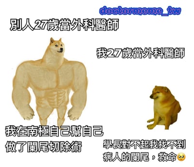 图片左侧是一只拥有夸张肌肉线条的柴犬，配文“别人27岁当外科医生 我在南极自己帮自己做了阑尾切除術”，展现出自信强大的形象；右侧是一只普通坐姿的柴犬，配文“我27岁当外科医生 学长对不起我找不到病人的阑尾，救命😥”，呈现出慌张无助的状态。通过左右对比，以幽默自嘲的方式调侃了同龄人不同境遇的反差，充满网络 meme 的搞笑风格。