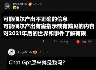 这是一张海外社交媒体的截图，画面分为上下两部分的用户互动内容。上方用户EMP0R10发布了三条文字内容，分别是“可能偶尔产出不正确的信息”“可能偶尔产出有害指示或有偏见的内容”“对2021年后的世界和事件了解有限”，这些内容精准概括了早期ChatGPT这类大语言模型的典型局限；下方用户JorgeMtzb看到后回复“Chat Gpt原来就是我吗？”，通过玩梗将自身与AI的局限绑定，用幽默的方式进行自我调侃，暗指自己有时候也会出现信息输出错误、认知滞后的情况，制造出反差搞笑的效果。