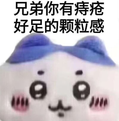图片上方有黑色文字“兄弟你有痔疮 好足的颗粒感”，下方是一个卡通形象，有着白色的面部、蓝色的耳朵和粉色的腮红，表情呆萌。这是一张带有低俗幽默的网络梗图，通过将痔疮这一私密健康问题与“颗粒感”这一通常用于描述食物口感的词汇结合，制造出一种荒诞、搞笑的效果。