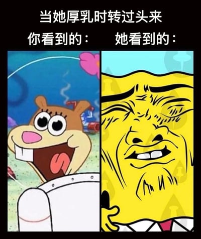 这是一张左右对比格式的梗图，上方文字为"当她厚乳时转过头来 你看到的： 她看到的："。左侧画面是《海绵宝宝》中的珊迪·奇克斯，她睁着大眼睛、张着嘴巴吐舌头，表情兴奋开心，背景是海底场景；右侧画面是海绵宝宝的夸张扭曲面部特写，眉头紧锁、眼睛眯成一条缝，表情狰狞搞笑。通过两组画面的强烈对比，形成幽默效果。