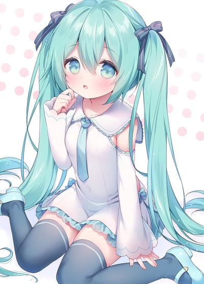 这是一幅Q版风格的初音未来同人插画，角色有着标志性的薄荷绿双马尾长发，搭配浅灰蓝蝴蝶结发饰。她身穿带有浅蓝色花边的白色露肩连衣裙，搭配同色系领带与灰蓝色过膝袜，单膝跪地，手指轻触脸颊，澄澈的大眼睛带着懵懂感，脸颊泛起淡淡红晕，姿态娇俏可爱。背景是浅粉色波点的简洁底色，整体画风软萌清新，充满治愈感。
