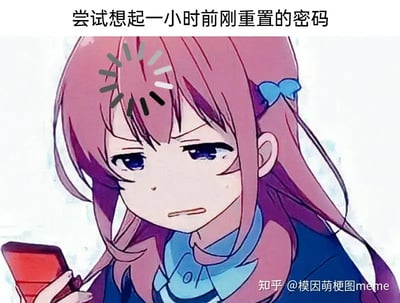 图中展示了一位粉发动漫少女正盯着手机发愣，头顶上有一个常见的“加载中”动画标志，表现出内心正在努力思考的样子。配文“尝试想起一小时前刚重置的密码”，非常贴合日常生活中忘记密码的尴尬情景，用二次元角色配合搞笑的加载中表情，极具共鸣感和趣味性。整体氛围轻松幽默，融入了当下流行的‘二次元’和‘社畜’网络梗元素，有明显的生活化、戏谑和自嘲意味。