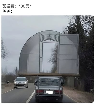 图片上方配有文字“配送费：*30元* 爸爸：”，下方是一张实拍照片。照片中一辆银色轿车的车顶上装载着一个巨大的半圆形透明结构，形似小型温室或大棚框架，正行驶在双向车道的公路上，对面方向有一辆白色轿车驶来。整体通过文字与图片的结合，以夸张的方式幽默表现当配送费为30元时，“爸爸”不惜用轿车装载超大型物件进行配送的场景，营造出一种反差萌的搞笑效果。