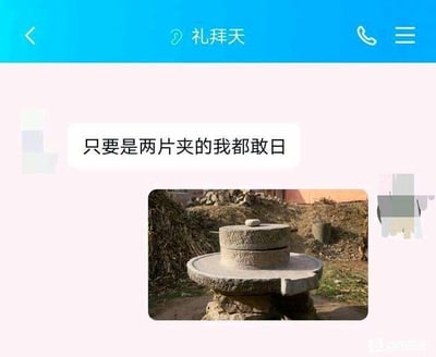 这是一张社交聊天记录截图，界面顶部显示“礼拜天”，聊天框中先发送了一句带有粗俗挑衅意味的文字“只要是两片夹的我都敢日”，随后搭配了一张农村传统石磨的实拍图。石磨由上下两片石盘组成，是依靠转动来研磨粮食的传统工具。这里运用了双关谐音的玩梗手法：文字里的“日”原本是粗俗表述，而石磨的核心动作是“磨（mó）”，与“日”形成谐音关联，同时石磨正好符合“两片夹着”的描述，用这张图来呼应文字，将原本粗俗的内容转化为趣味玩梗，形成反差搞笑的效果，消解了原文字的低俗感，变成了充满趣味的梗图内容。