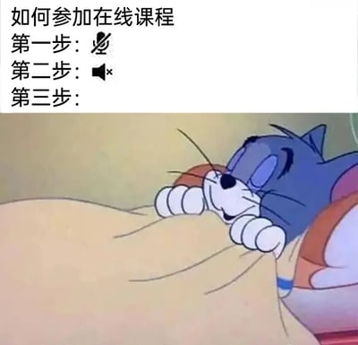 图片上半部分以文字形式列出“如何参加在线课程”的三步法：第一步为带叉的麦克风图标（暗示关闭麦克风），第二步为静音的扬声器图标（暗示关闭声音），第三步未填写内容。下半部分是经典动画《猫和老鼠》中的角色汤姆（Tom），它正趴在枕头上舒适地睡觉，表情放松，嘴角微扬。图片通过幽默的方式吐槽了部分学生在线上课时“关闭麦和声音后就睡觉”的真实状态，形成文字步骤与画面情景的搞笑呼应。